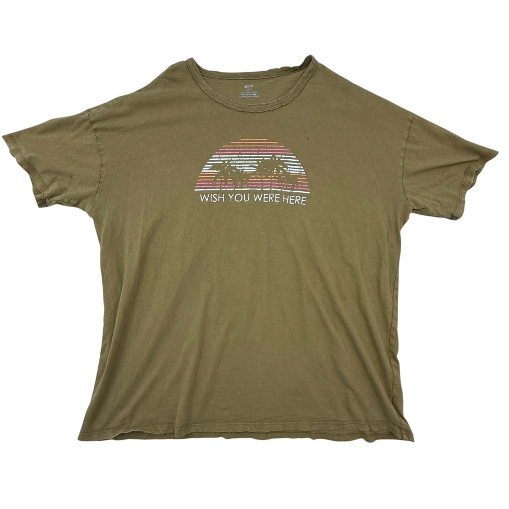 Aerie Graphic Tee Womens Large Olive Green Wish You Were Here Distressed Slub